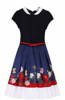 Комбинированное платье с вышивкой и контрастным поясом Monnalisa