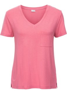 Трикотажная футболка с V-образным вырезом (ярко-розовый матовый) Bonprix