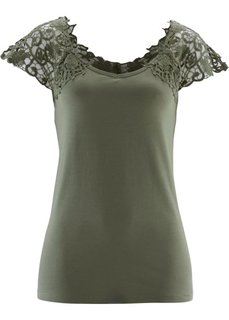 Футболка с кружевной кокеткой (оливковый) Bonprix