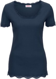 Эластичная футболка с коротким рукавом и кружевной отделкой (темно-синий) Bonprix