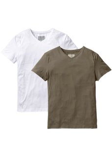 Футболка Slim Fit (2 шт.) (темно-оливковый + белый) Bonprix