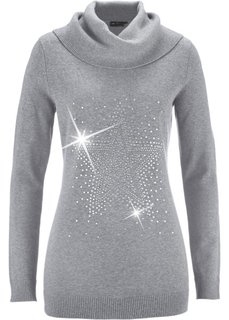 Пуловер с высоким воротом и звездой из стразов (серый меланж) Bonprix