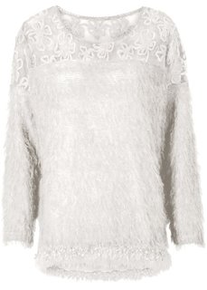 Пушистый пуловер с кружевом (цвет белой шерсти) Bonprix