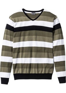 Полосатый пуловер узкого прямого кроя slim fit (темно-оливковый/белый/черный в полоску) Bonprix