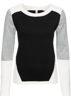 Пуловер в стиле блок-колор (черный/цвет белой шерсти/светло-серый) Bonprix