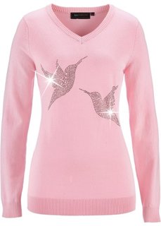 Пуловер с птичками из стразов (розовая пудра) Bonprix