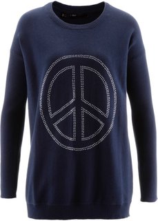 Удлиненный пуловер с аппликацией Мир из стразов (темно-синий) Bonprix