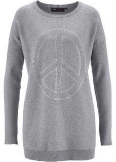 Удлиненный пуловер с аппликацией Мир из стразов (серый меланж) Bonprix