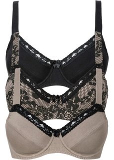 Бюстгальтер (3 шт.), чашка D (с принтом + серо-коричневый + черный) Bonprix