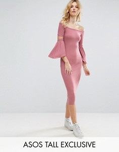 Облегающее платье миди в рубчик с рукавами клеш ASOS TALL - Розовый