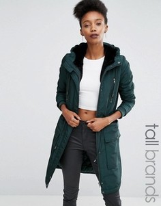 Атласное пальто с искусственным мехом на капюшоне Y.A.S Tall Calvein - Зеленый