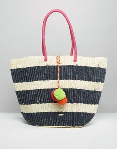 Соломенная сумка в полоску с разноцветными помпонами Nali - Мульти
