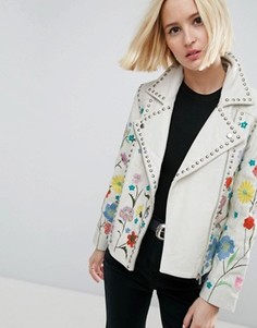 Кожаная байкерская куртка с цветочной вышивкой ASOS - Белый
