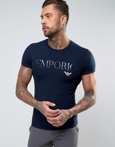 Обтягивающая футболка с круглым вырезом и большим логотипом Emporio Armani - Темно-синий