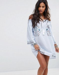 Свободное платье с открытыми плечами и вышивкой Boohoo - Синий