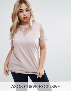Футболка с кружевными вставками ASOS CURVE - Розовый