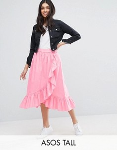 Хлопковая юбка миди с оборкой и запахом ASOS TALL - Розовый