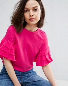 Укороченная футболка с оборками на рукавах ASOS - Розовый