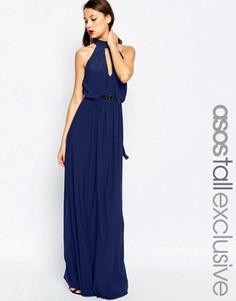 Платье макси с вырезом, лямкой через шею и отделкой на талии ASOS TALL - Темно-синий