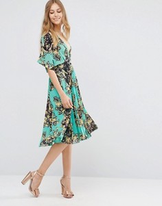 Бирюзовое платье миди с цветочным принтом и складками ASOS - Мульти