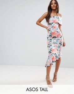Платье миди на одно плечо с цветочным принтом и баской ASOS TALL - Розовый