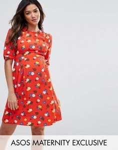 Чайное платье в стиле 40-х с вырезами на плечах и принтом ASOS Maternity - Мульти
