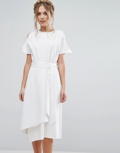 Платье миди с открытыми плечами и юбкой с запахом Closet London - Белый