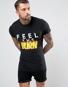 Длинная обтягивающая футболка с принтом Feel The Burn ASOS - Черный
