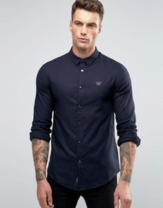 Узкая рубашка из хлопковой саржи с логотипом Armani Jeans - Темно-синий