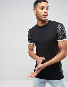 Удлиненная обтягивающая футболка с кружевными рукавами ASOS - Черный