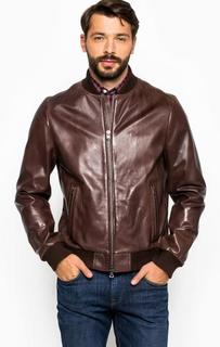 Коричневая кожаная куртка-бомбер Tommy Hilfiger