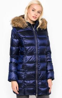 Удлиненный синий пуховик со съемным мехом Bomboogie