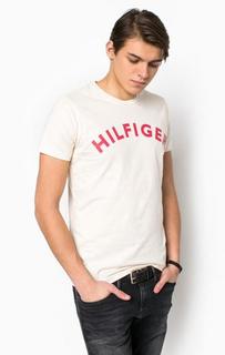 Бежевая хлопковая футболка с принтом Hilfiger Denim