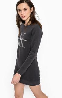 Короткое хлопковое платье с принтом и вышивкой Calvin Klein Jeans