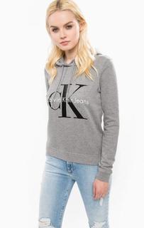 Серая толстовка из хлопка в капюшоном Calvin Klein Jeans
