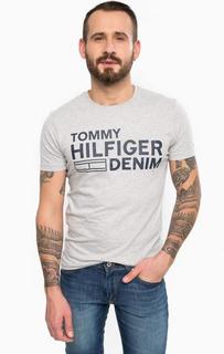 Серая футболка из хлопка с принтом Hilfiger Denim