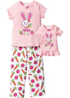 Пижама + ночная рубашка для куклы (3 изд.), Размеры  92/98-152/158 (розовая пудра/белый с принтом) Bonprix