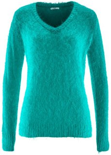 Пушистый пуловер с V-образным вырезом (темно-изумрудный) Bonprix