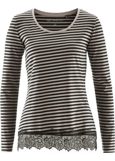 Футболка с длинным рукавом и кружевной отделкой (черный/натуральный в поперечную полоску) Bonprix