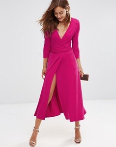 Платье миди из крепа с запахом ASOS - Розовый
