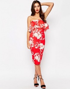 Платье миди с цветочным принтом и двойными рюшами ASOS - Красный