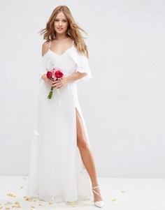 Платье макси с рюшами и открытыми плечами ASOS BRIDAL - Белый