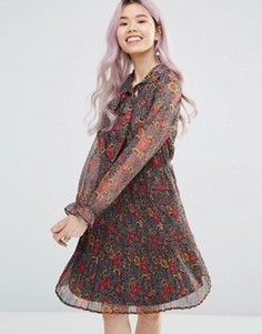 Плиссированное платье с длинными рукавами и цветочным принтом Yumi - Мульти