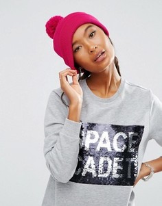 Ярко-розовая шапка-бини с отворотом и помпоном ASOS - Розовый