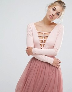 Боди с глубоким декольте и решеткой из лямок Miss Selfridge - Розовый