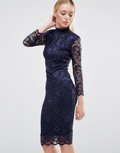 Кружевное платье с рукавами 3/4 и высокой горловиной City Goddess - Темно-синий