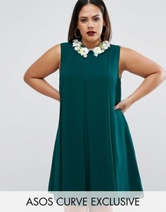 Свободное платье с цветочной отделкой на воротнике ASOS CURVE - Зеленый