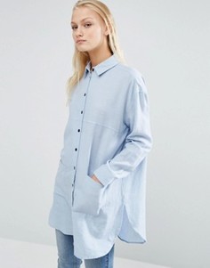 Длинная саржевая оversize-рубашка с контрастными пуговицами ASOS - Синий