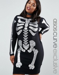 Облегающее платье с принтом скелета цвета металлик ASOS CURVE HALLOWEEN - Черный