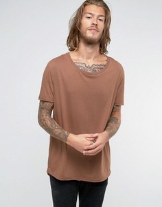 Коричневая длинная футболка с эластичной горловиной ASOS - Коричневый